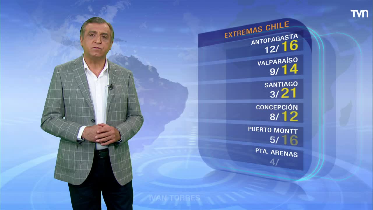Nubes en la zona central y precipitaciones entre La Araucanía y Los Lagos
