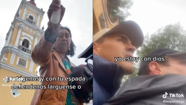 "Lárguense": mujer lanza agua bendita a pareja homosexual para sacarlos del patio de iglesia
