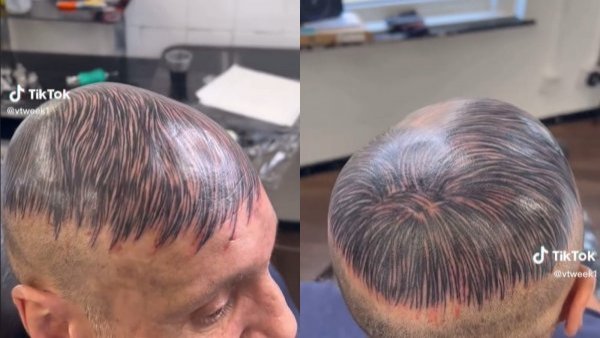 Se cansó de ser calvo y se tatuó la cabeza para simular cabello
