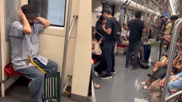 Adulto mayor se tapa oídos en el Metro por músicos en el vagón
