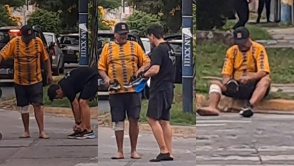 "Se le llenaron los ojos de lágrimas": papá regaló sus zapatillas a hombre descalzo
