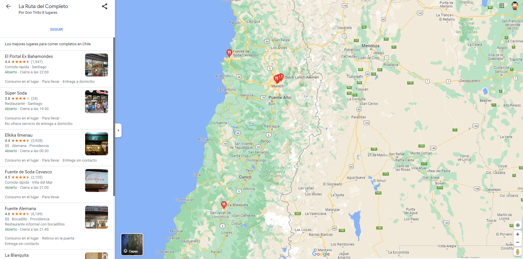 Captura de la ruta del completo de Google Maps.