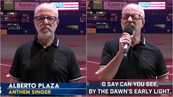 Alberto Plaza sorprende cantando himno de Estados Unidos en partido de béisbol
