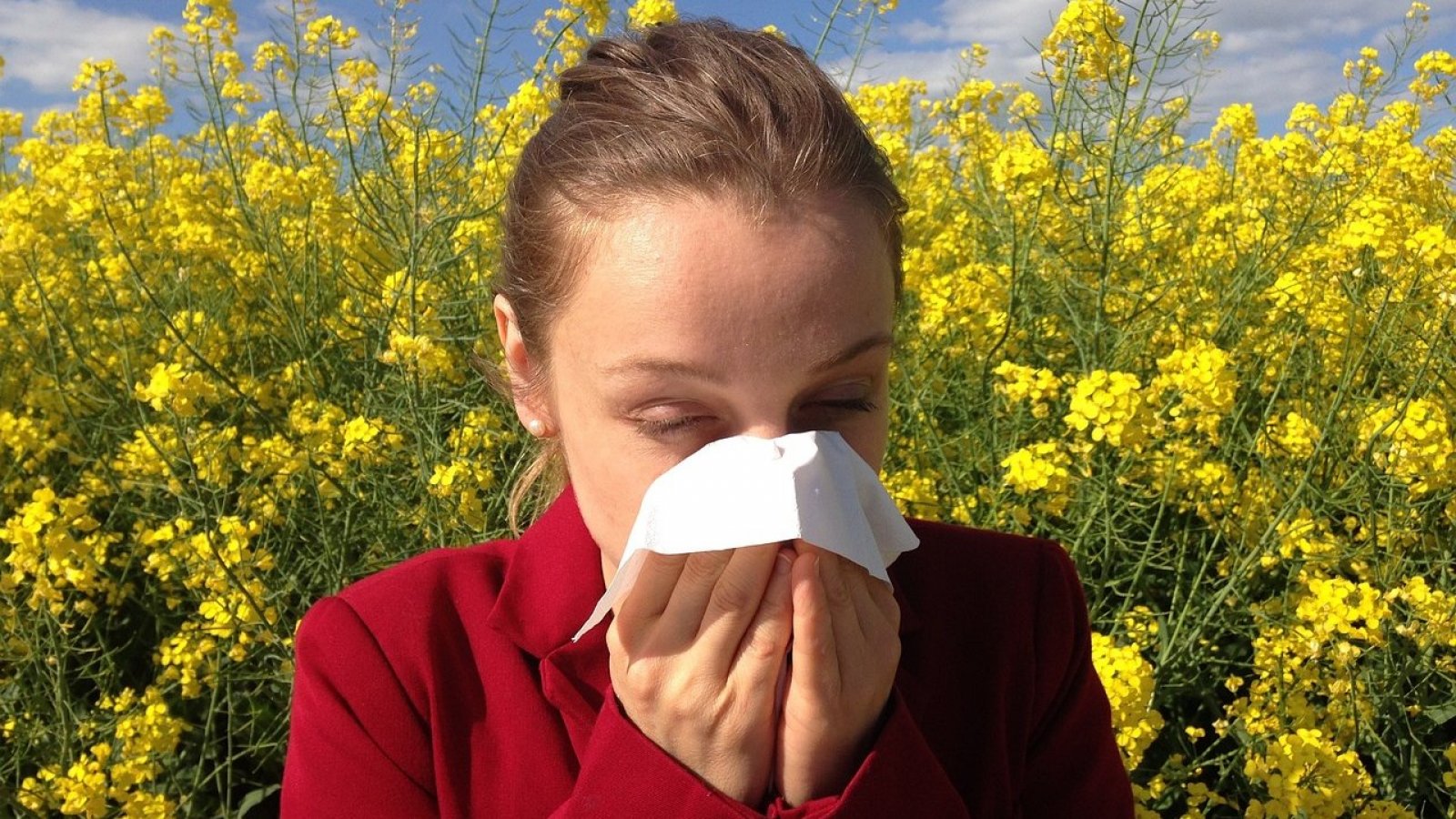 Mujer estornuda por alergia en primavera