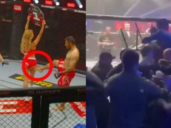 Fue golpeado por el público: luchador iraní pateó mujer que sostenía cartel en el ring