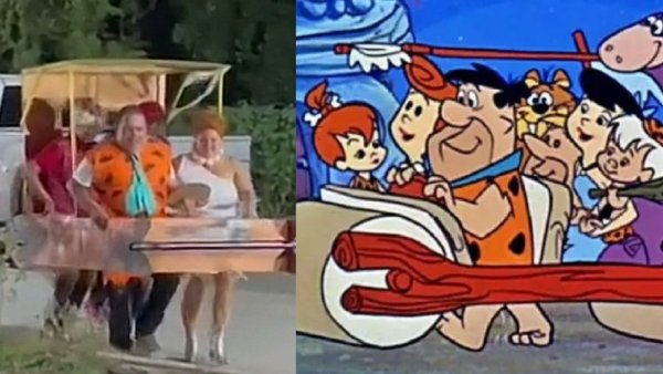 ¡Arriba del troncomóvil! Familia se vuelve viral con ingeniosa caracterización de Los Picapiedra
