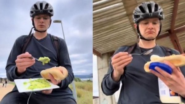 "Talento chileno": joven estalla en redes por armarse un completo mientras anda en bici
