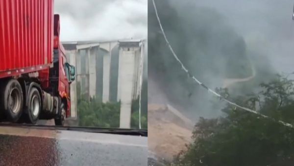 <p>Camión a punto de caer de un puente</p>Puente cayó por lluvias y camión quedó colgando
