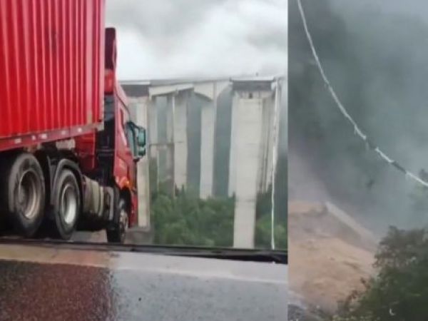 Camión a punto de caer de un puente