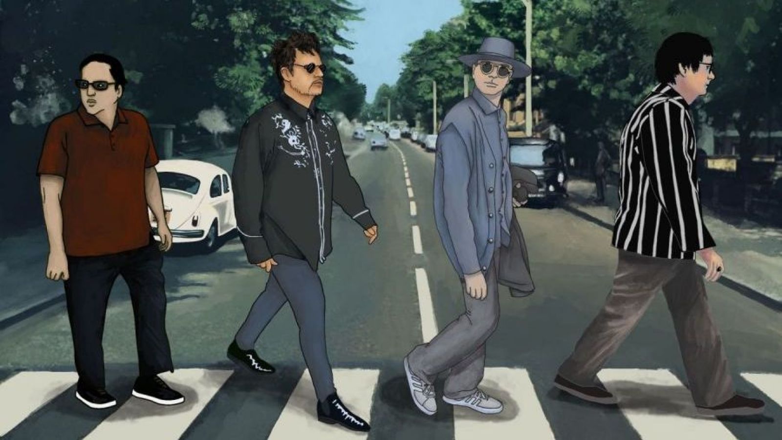 Los Tres ilustrados como los Beatles en Abbey Road.