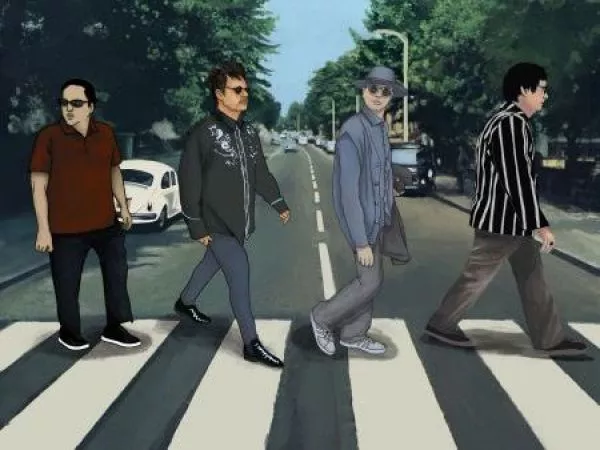 Los Tres ilustrados como los Beatles en Abbey Road.
