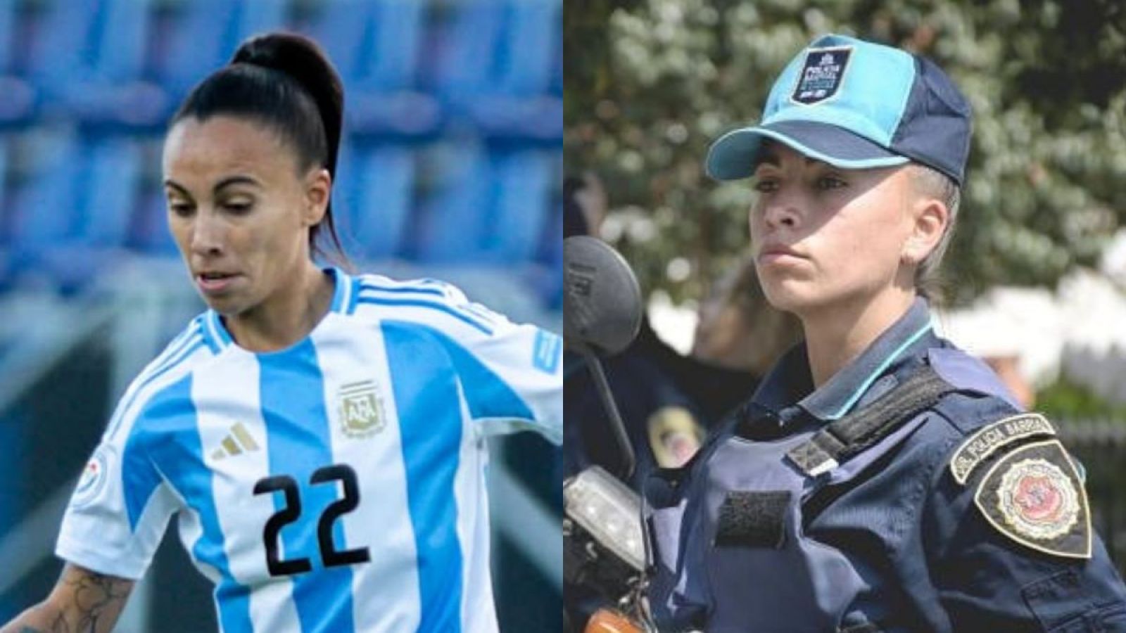 La jugadora Betina Soriano con su indumentaria de policía.
