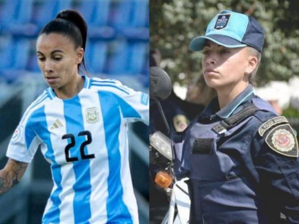 La jugadora Betina Soriano con su indumentaria de policía.