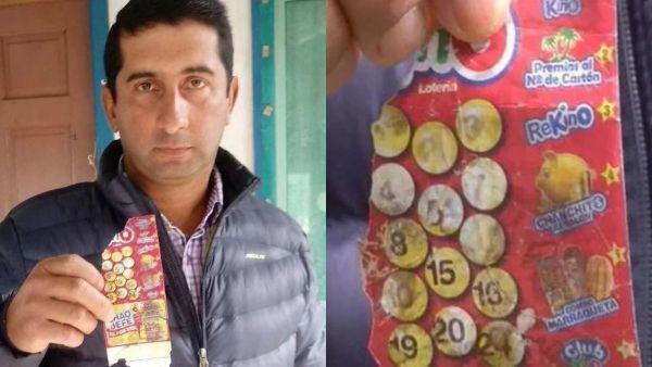 <p>Dúplex con un hombre sosteniendo un boleto de Kino destrozado y borroso. Una segunda imagen con el boleto en primer plano. </p>Por un boleto estropeado: la historia del chileno que no pudo cobrar millonario premio de Kino
