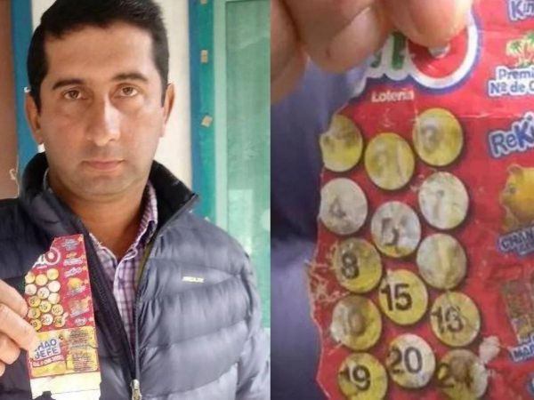 Dúplex con un hombre sosteniendo un boleto de Kino destrozado y borroso. Una segunda imagen con el boleto en primer plano.