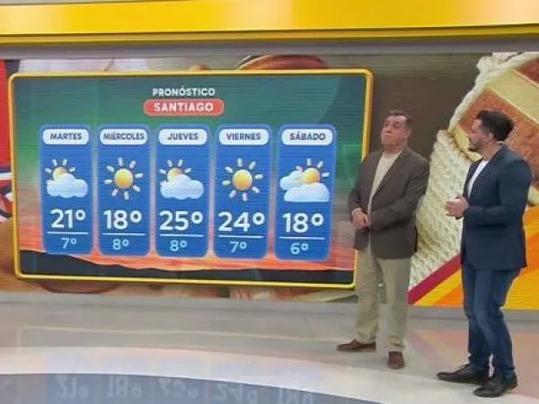 Animadores del matinal y meteorólogo frente a pantalla con imagen del pronóstico del tiempo