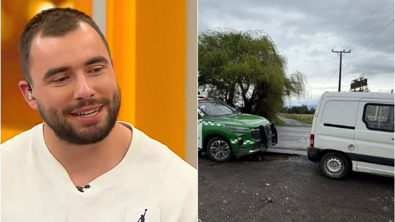 Deportista Lucas Nervi al lado izquiero y al lado derecho un auto de carabineros y un furgón