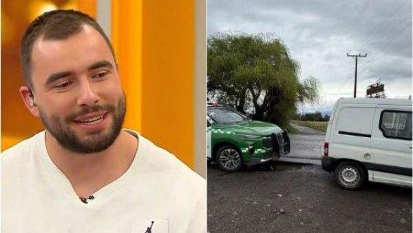<p>Deportista Lucas Nervi al lado izquiero y al lado derecho un auto de carabineros y un furgón</p>"Si no fuese por...": Lucas Nervi sufre fuerte choque junto a su familia
