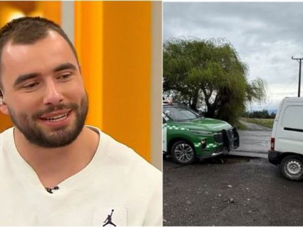 Deportista Lucas Nervi al lado izquiero y al lado derecho un auto de carabineros y un furgón