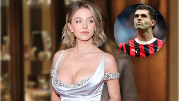 Fotografía dividida que muestra a la actriz Sydney Sweeney en una alfombra roja y al futbolista Christian Pulisic
