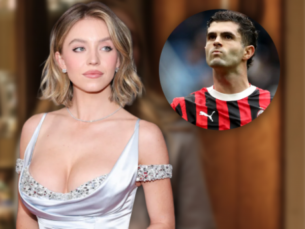 Fotografía dividida que muestra a la actriz Sydney Sweeney en una alfombra roja y al futbolista Christian Pulisic