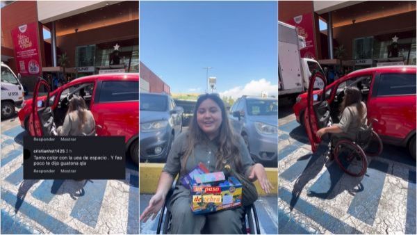 mujer en silla de ruedas explicando cómo usar estacionamiento preferencial