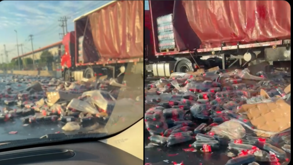 Carga de bebidas cae de camión y queda derramada por la Ruta 5 en Quilicura

