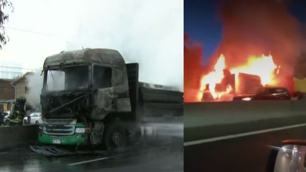 Impactantes registros de incendio de camión de gran tamaño en Autopista Central
