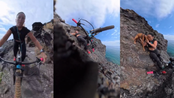 Ciclista casi cae por un acantilado y genera polémica por ir sin casco y con su perro en ruta peligrosa