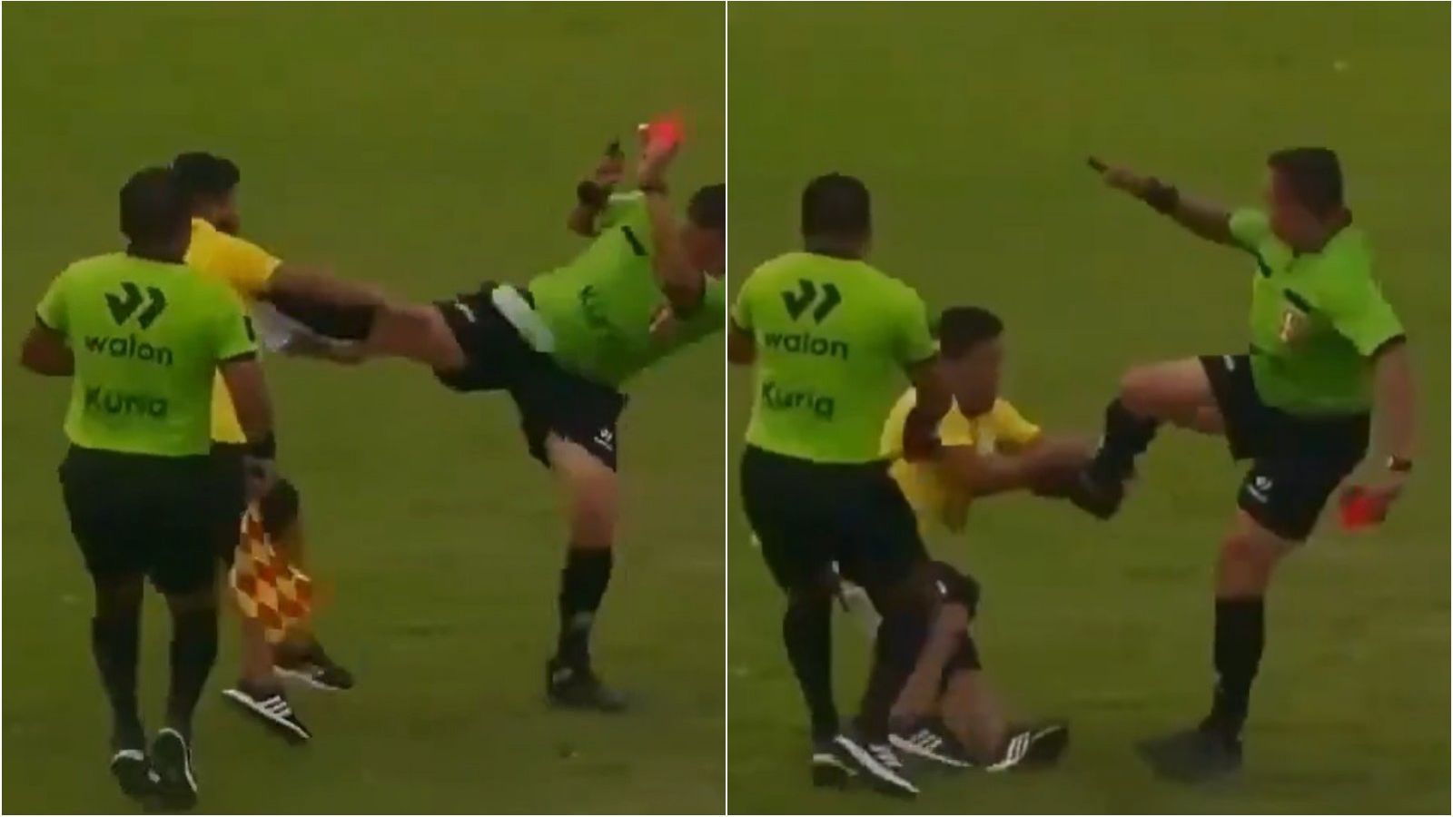 <p>Se equivocó de deporte: Árbitro reduce a atacante con impactante patada en el pecho</p>
