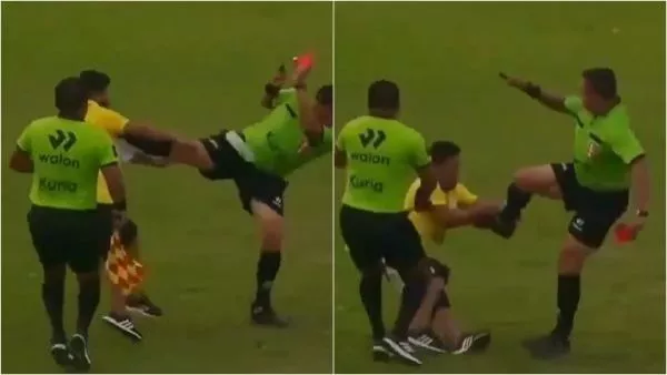 Se equivocó de deporte: Árbitro reduce a atacante con impactante patada en el pecho