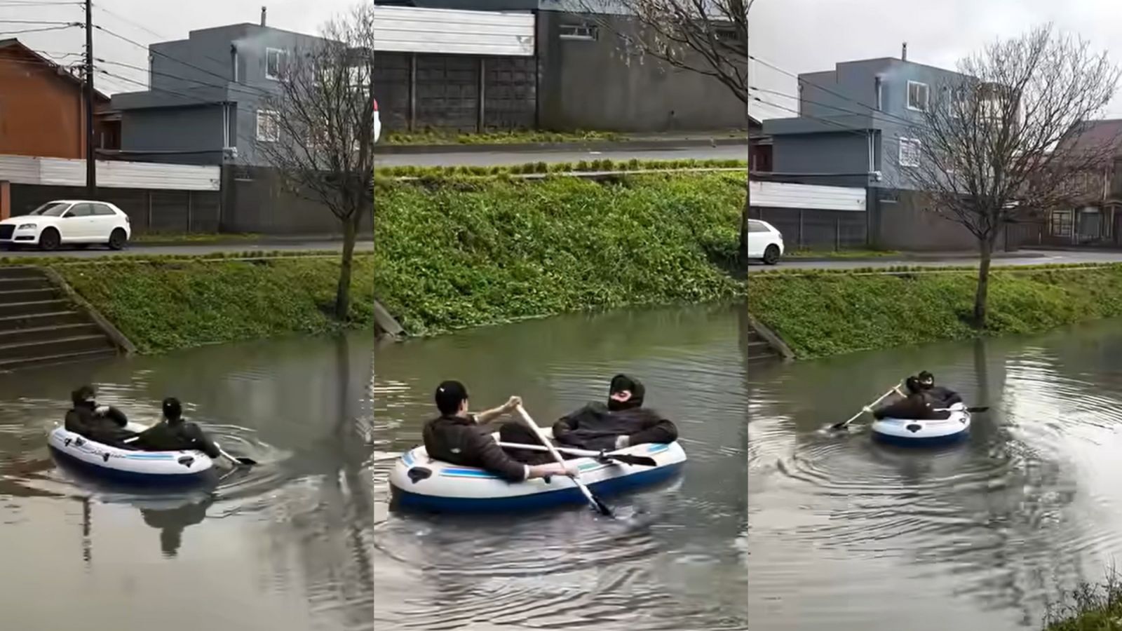 ¡Como si fuera Venecia! Jóvenes recorren en bote un canal inundado por las lluvias en Pedro Aguirre Cerda
