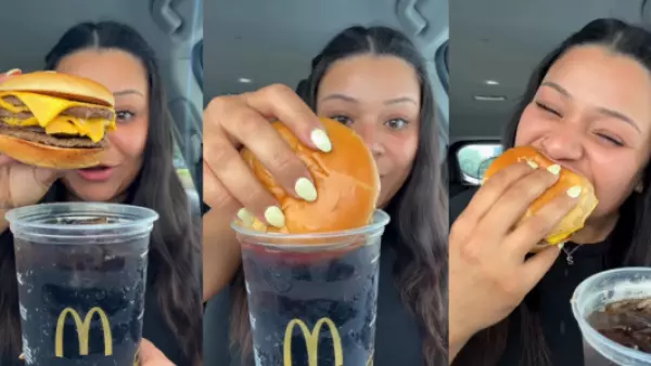 Influencer sorprende con extraña combinación: come hamburguesa con queso triple untada en bebida