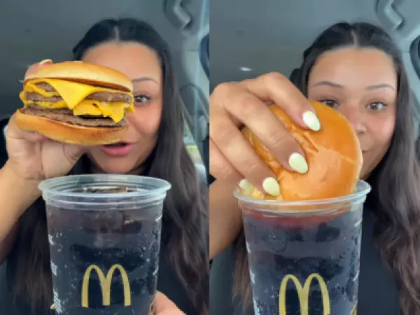 Influencer sorprende con extraña combinación: come hamburguesa con queso triple untada en bebida