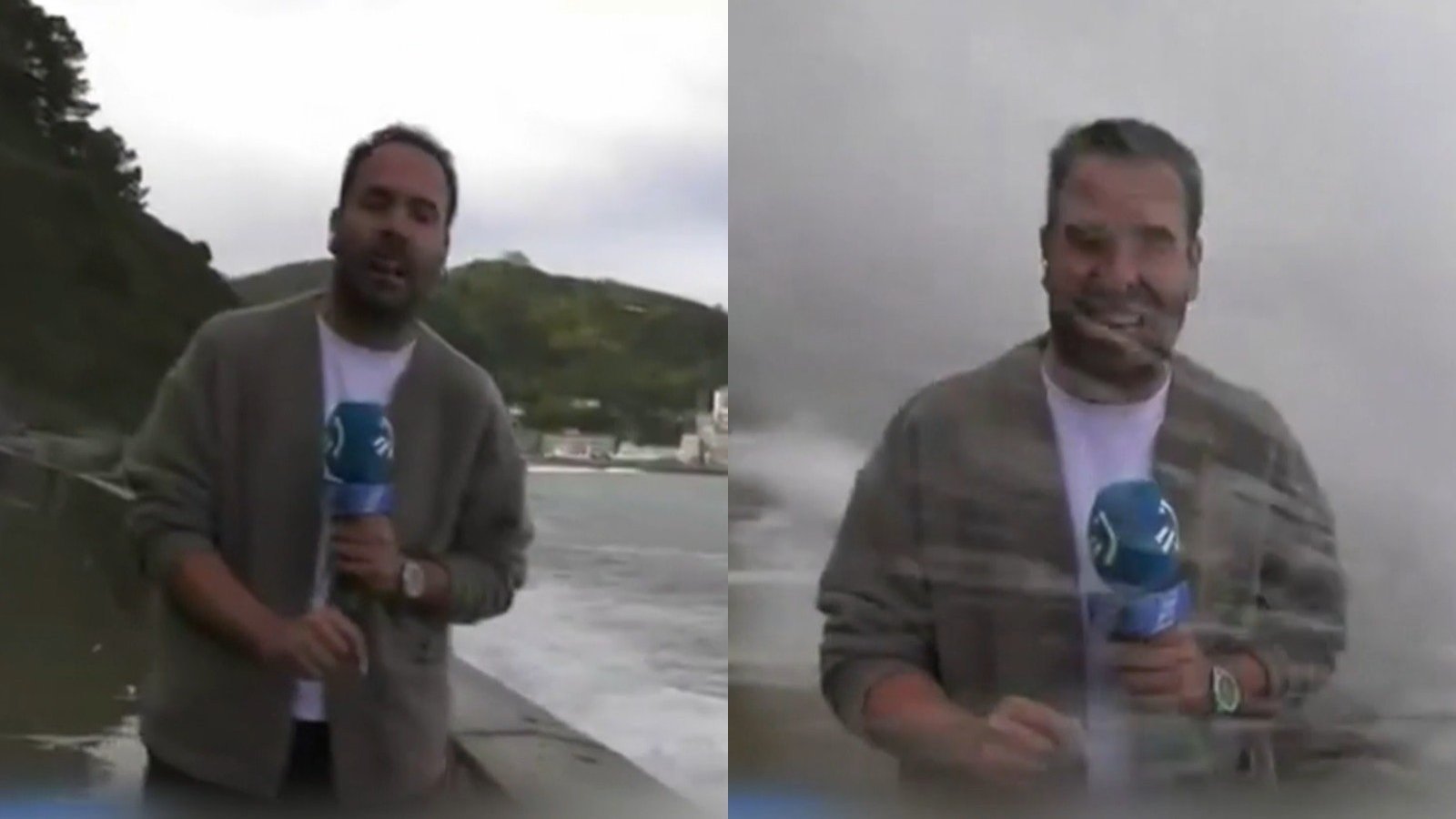 Un susto en vivo: Periodista español es arrastrado por gigante ola en pleno despacho
