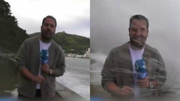 Un susto en vivo: Periodista español es arrastrado por gigante ola en pleno despacho